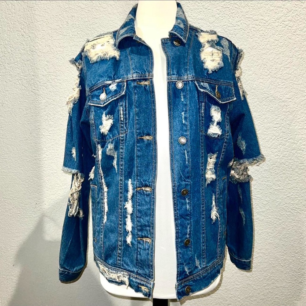 SIGNATURE8 Rare Y2K Women’s Oversized Distressed Denim Jacket - 100% Cotton